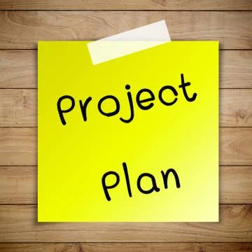 Project plan on sticky paper on brown wood plank wall texture background Stock Illustration