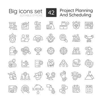 Project planning and scheduling linear icons set Stock Illustration
