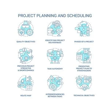 Project planning and scheduling turquoise concept icons set Stock Illustration
