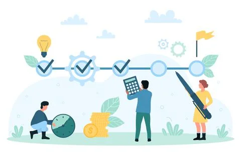 Project to progress toward business goal, tiny people holding pen to mark Stock Illustration