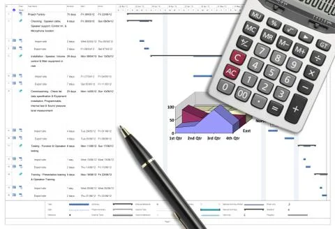 Project schedule analysis with pen &amp; calculator Stock Photos