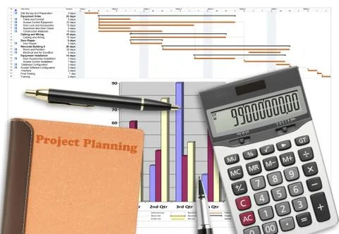 Project schedule analysis with pen, calculator &amp; recycle notebook Stock Photos
