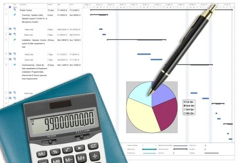 Project schedule analysis with pen, calculator &amp; notebook Stock Photos