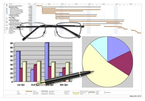 Project schedule with financial analysis, pen &amp; eyeglasses Stock Photos