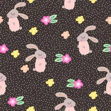 Project Seamless pattern with pink bunny and flowers. Drawing 1 Stock Illustration