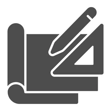 Project sheets and ruler with pencil solid icon, labour day concept, Design Illustrazione stock