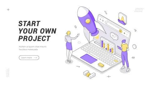 Project Startup Isometric Vector Illustration Launch Banner Template Idea Stock Illustration