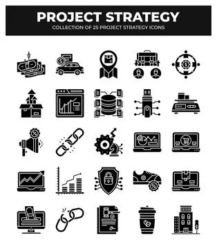 Project Strategy Icon Set. 25 Essential Icons for Business Planning Stock Illustration