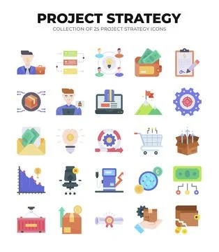Project Strategy Icons. 25 Flat Design Elements for Business Planning Stock Illustration