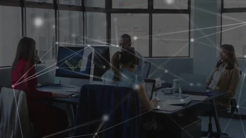 Project team discussing 3D model appearing on monitor, animated network Stock Footage 334184748