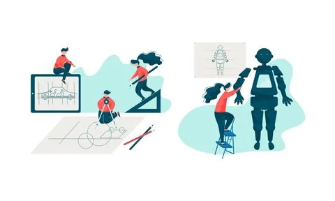 Project Team Engineering Automobile Creating Draft and Assembling Robot Vector Stock Illustration