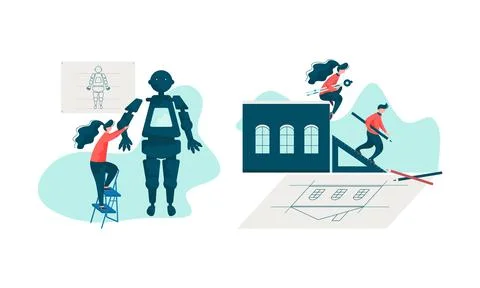 Project Team Engineering Building Creating Draft and Assembling Robot Vector Set Illustrazione stock