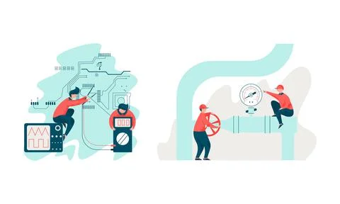 Project Team Engineering Hardware Adjusting Gauge on Pipe and Electric Circuit Stock Illustration
