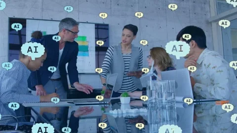 Project team gathering at glass table, lead pointing tablet, showing AI clouds Stock Footage 334728870