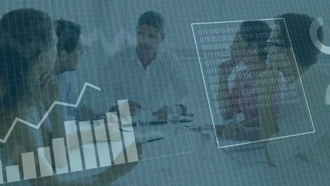 Project team leaning, HUD appearing, collecting and analyzing data and animating Stock Footage 333510550