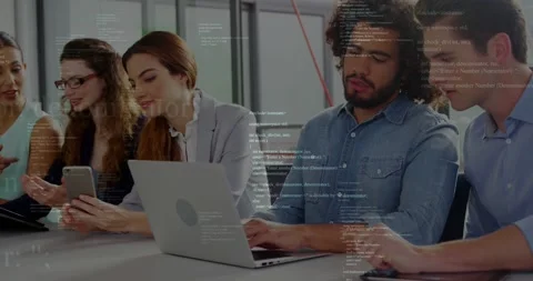 Project team leaning in as laptop user typing, passing phone and reviewing code Stock Footage 333904964