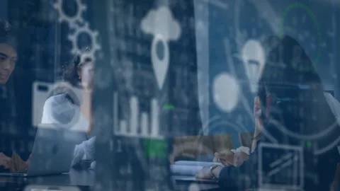 Project team leaning over paper, pointing, initiating animated tech overlay Stock Footage 332289904