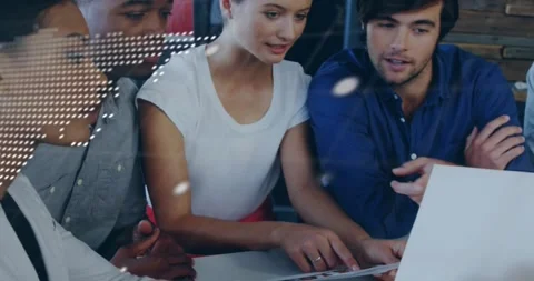 Project team reacting to map code overlay, analyzing papers and laptop interface Stock Footage 318544919