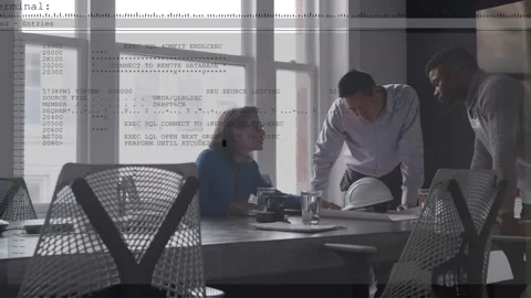 Project team reviewing blueprints, engineer placing hands and examining plans, Stock Footage 334337922
