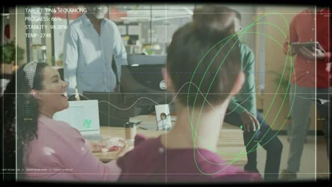 Project team standing at desk, system announcing ANALYSIS COMPLETE via BIO_LAB Stock Footage 333485589