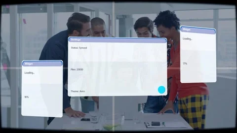 Project team tapping tablet, testing app in office, animated UI panels showing Stock Footage 333859648