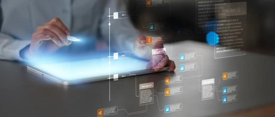 Project Workflow Management and Task Automation Displayed on Digital Interfac Stock Photos