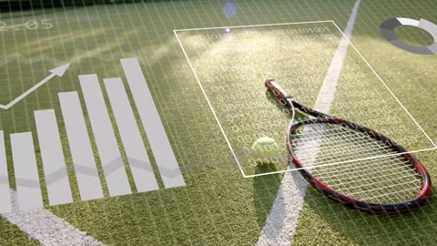 Projected data overlays initiating growth, moving toward racket and ball, Stock Footage 333351358