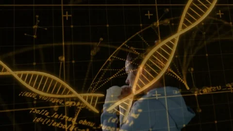 Projected golden DNA helix sweeping grid causing woman touching face while Stock Footage 333830429