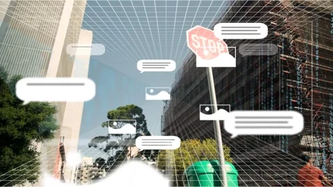 Projected grid sparking bubbles clustering stop sign, occluding passing people, Stock Footage 333818144