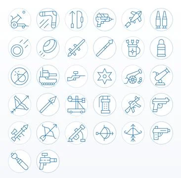 Projectile Vector Icon Collection with 32 128x128 Thin Line Designs Stock Illustration