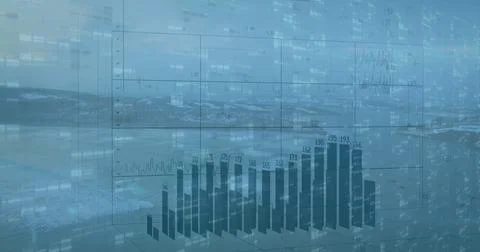 Projecting 3D bar chart floating over rocky shore, with grid lines and numeric Stock Photos