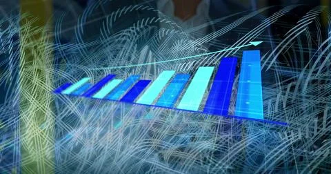 Projecting 3D bar chart rising above glowing data grid on desk, with 写真素材