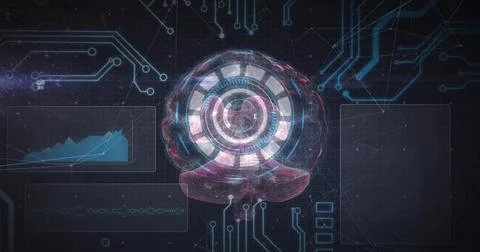 Projecting 3D brain model hovering in network interface with concentric rings Stock Illustration