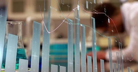 Projecting 3D charts over lab bench, showing Erlenmeyer flask teal liquid, lab Stock Photos