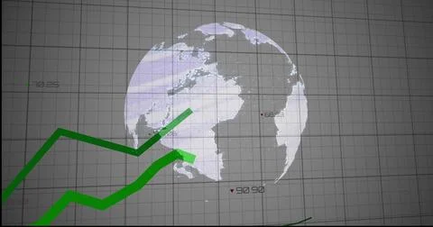 Projecting 3D globe over grid on display showing green trend lines numeric Stock Illustration