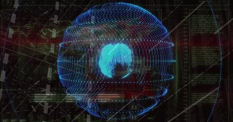 Projecting 3D holographic globe rotating in command center, with map outlines イラスト素材