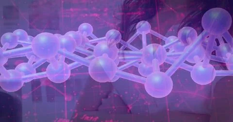 Projecting 3D molecular model spanning lab with purple data overlays, scientist 스톡 사진