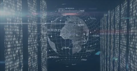 Projecting 3D wireframe globe in display with grid, timecode labels, binary Illustrazione stock