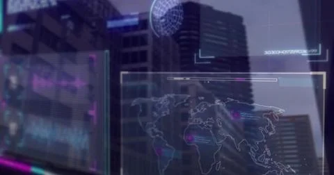 Projecting 3D world map on glass in office, showing globe, data graphs and 写真素材