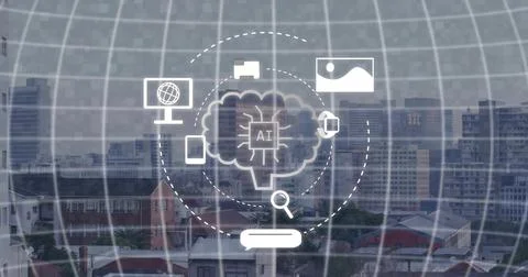 Projecting AI brain-cloud icon with microchip sending data links over urban Stock Photos