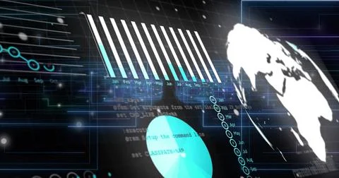 Projecting analytics dashboard on dark backdrop, showing month bars, globe, H Illustrazione stock