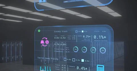 Projecting AR analytics dashboard showing financial charts in data center aisle, Illustrazione stock