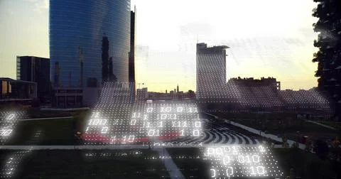 Projecting AR binary overlay across plaza at dusk, covering stepped seating and Foto stock