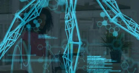 Projecting AR display showing cyan 3D lattice and holograms in lab, woman in red Photos