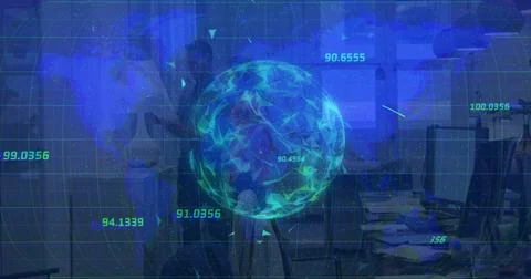 Projecting AR globe over dim office, three coworkers in business casual Stock Photos