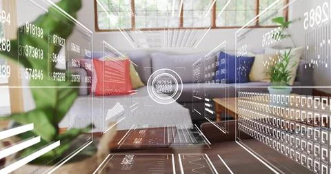 Projecting AR panels, data dial over coffee table in living room with sofa, 库存照片