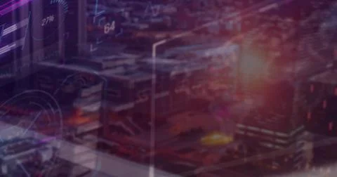 Projecting augmented overlay over downtown at dusk, with circular infographics, Ilustração Stock