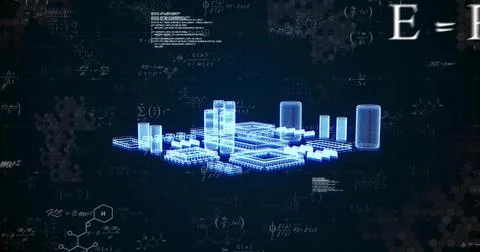 Projecting blue 3D microchip-city hologram with towers in virtual lab, showing Stock-Illustration
