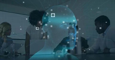 Projecting blue 3D wireframe head over conference table, business casual team 스톡 사진