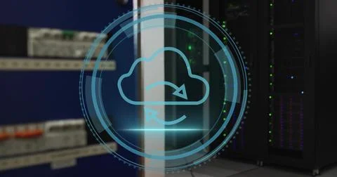 Projecting blue cloud sync HUD over server racks in data center, showing orange Stock Photos